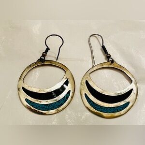 Vintage Alpaca silver Earrings with crushed turquoise and black onyx inlay
